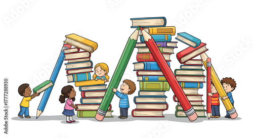 Diverse Children Building Structures with Giant Pencils and Stacks of Books for Education Concept