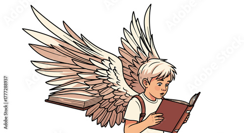 Innocent Young Boy with Angel Wings Reading a Book on White Background