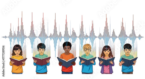 Diverse Group of Children Singing in Choir with Sound Wave Visualization