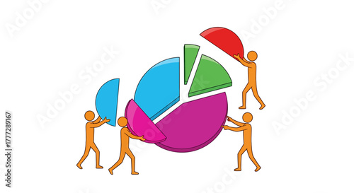 Teamwork Completing a Colorful Pie Chart for Business Data Analysis and Project Success