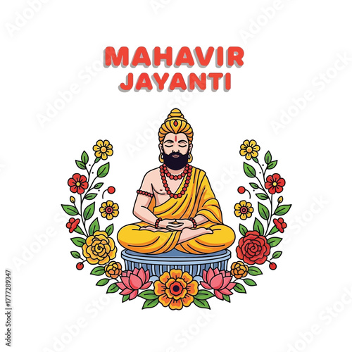 Flat illustration of Mahavir Jayanti with Flowers Accent Graphic
