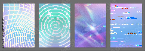 Gradient backgrounds set with abstract patterns. Vector realistic illustration of illusion backdrops with checkered wireframe, spiral, diamond light streak, glitch effect, hypnotic y2k poster design