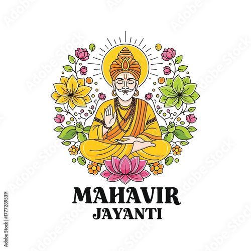 Flat illustration of Mahavir Jayanti with Flowers Accent Graphic