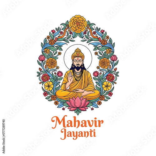Flat illustration of Mahavir Jayanti with Flowers Accent Graphic