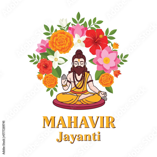 Flat illustration of Mahavir Jayanti with Flowers Accent Graphic