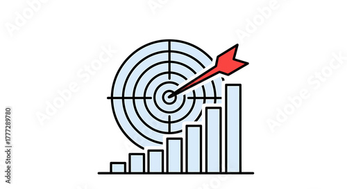 Business Growth and Target Achievement Icon Arrow Hitting Bullseye on Bar Chart for Success Concept
