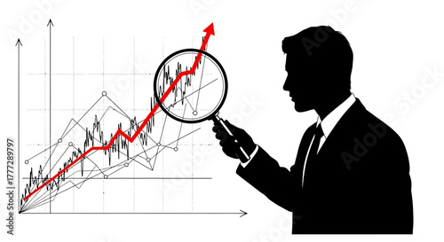 Business Analyst Examining Upward Trend on Stock Market Graph with Magnifying Glass
