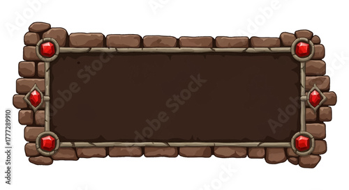 Robust brick frame banner with striking red gemstone embellishments, designed for medieval fantasy game interfaces, labels, or dynamic UI elements