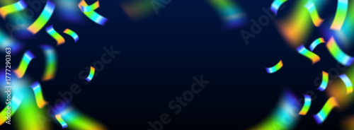 Rainbow holographic confetti on dark blue background with sparkling stars and iridescent reflections for celebration designs. Metallic strips shimmering for festive frame or anniversary graphics.