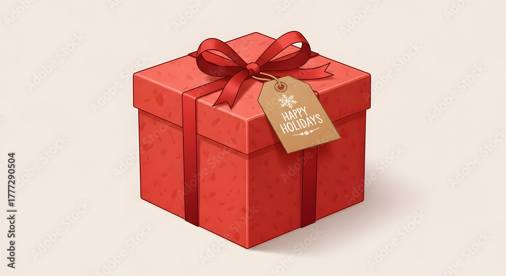 Obraz premium A beautifully wrapped red gift box with a ribbon and tag isolated on white background