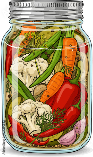 Glass jar of preserved mixed vegetables (pickles), digital illustration isolated.