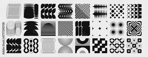 Brutalist y2k shape collection with abstract geometric elements in black and white. Vector set of circles and zigzags, stripes and spirals, wavy lines and brutalism inspired forms for modern design.