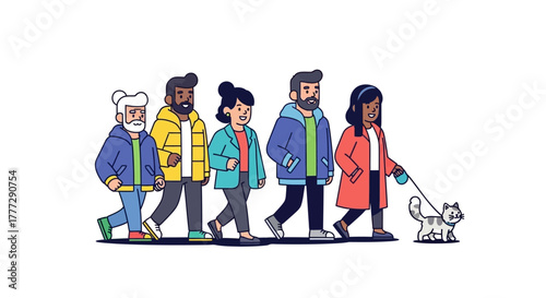 Diverse group of people walking together with a cat on a leash in a flat design style