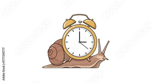 Cartoon representation showcasing the slow passing of time with a snail and a clock