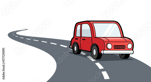 Red Car Journey on Winding Paved Road with Dashed Lines Illustration Design