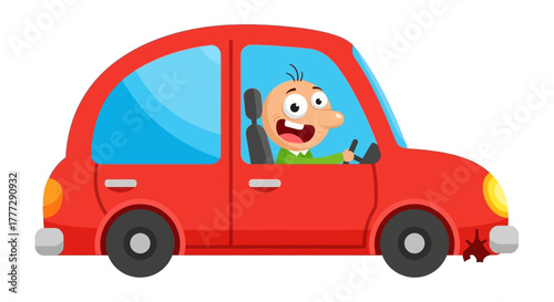 Cartoon driver joyfully maneuvering a compact red vehicle with flat front tire