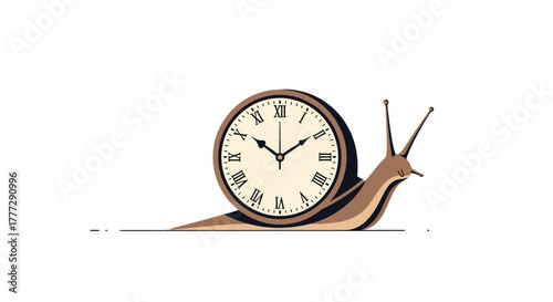 Conceptual illustration of a snail with a clock shell, symbolizing the slow passage of time or
