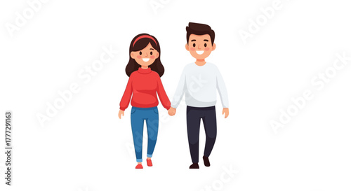 Cheerful cartoon couple walking together hand in hand, symbolizing love and companionship depiction
