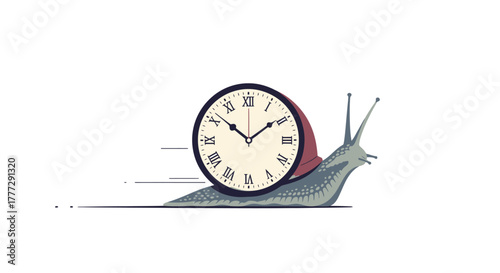 Surreal depiction of time pressure: A speeding snail carrying a classic clock on its back