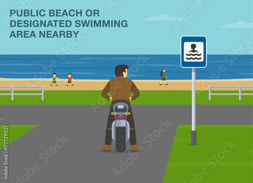 Safe driving tips and traffic regulation rules. Public beach scenery. Male motorcycle rider stopped at swimming area sign. Back view. Flat vector illustration template.