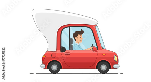 A jovial illustration of a whimsical red vehicle with a cheerful cartoon driver