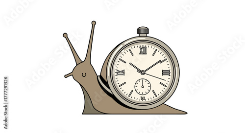 Conceptual art featuring a snail with a clock shell symbolizing slow pace time
