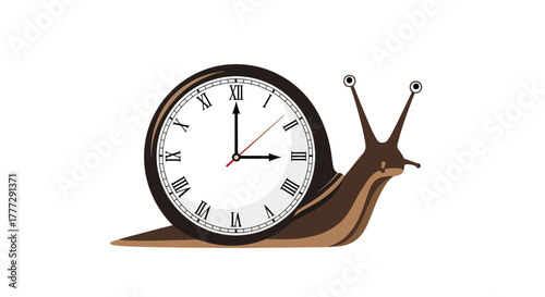 Conceptual illustration featuring a snail integrating a clock shell representing time and slowness