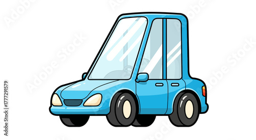 Stylized blue vehicle illustration with cartoonish features and exaggerated proportions designed