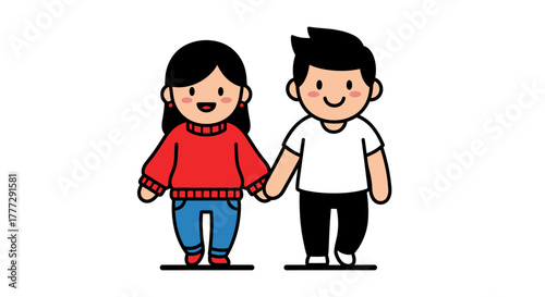 Adorable cartoon illustration of a young couple in love holding hands and smiling