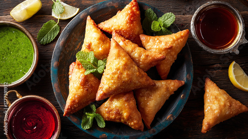 A top view of samosas on a plate with mint leaves and sauces on a wooden surface for a delicious meal