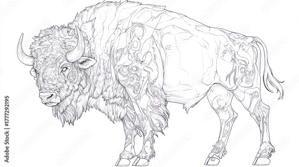 Fototapeta premium Bison sketch showing lines of fur, horns, and detailed patterns on its side
