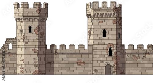 Intricate medieval castle wall illustration depicting weathered stone towers and robust battlements, a historical European fortress