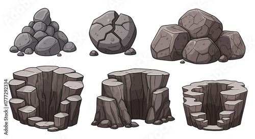 Stone formations collection Diverse rock arrangements and geological formations illustration