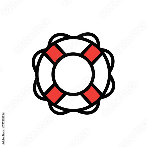 Cartoon style white and red lifebuoy icon with black outline, a safety ring for water rescue.