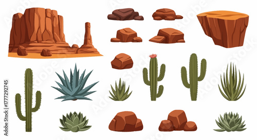 Desert Landscape Elements Cacti, Succulents, and Rocks for Scenic Design