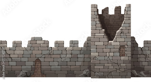Ruined Castle Wall with Tower Illustration for Fantasy Scenes and Historical Backdrops