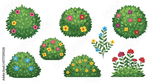 Vibrant collection of colorful blooming garden bushes and diverse floral elements, perfect for landscape design and natural scenery illustrations