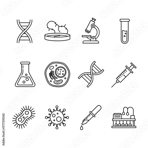 Collection of detailed black line art biotechnology and genetic science icons.