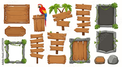 Illustrated collection of jungle-themed wooden and stone signs, pointers, and frames with vines for a game interface