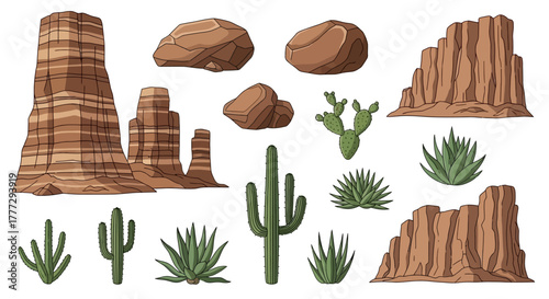 Desert landscape with sandstone formations, cacti, and rock illustrations