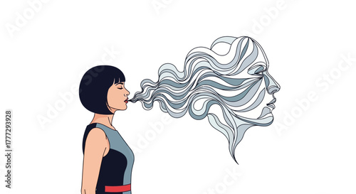 Artistic woman exhaling vapor forming a graceful head profile conceptual illustration