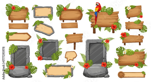 Signage Set Vector collection of wooden and stone signboards with tropical plants and flowers