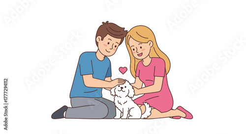 Affectionate couple embracing their fluffy white dog with love and care in an illustration