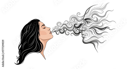 Whimsical encounter: A girl exhales her essence into an ethereal monochrome man