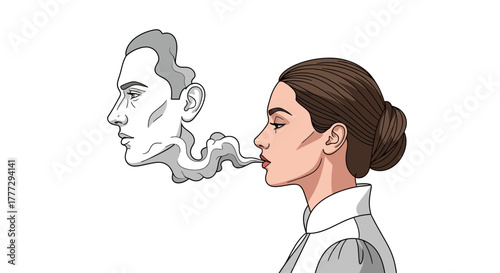 Conceptual artwork portraying woman exhaling thought-provoking portrait of a man face