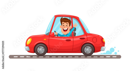 Cheerful cartoon man driving red car on road smiling and waving for friendly vector journey