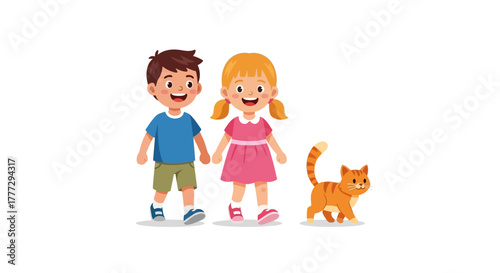 Cartoon illustration of a boy, girl, and tabby cat happily strolling together on a white background