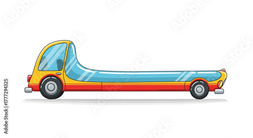 Whimsical elongated cartoon car illustration showcasing a stretched limousine design with vibrant