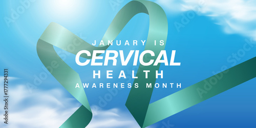 January is National Cervical Health Awareness Month. Ribbon, sun and cloud. Suitable for posters, banners and social media. Blue background.