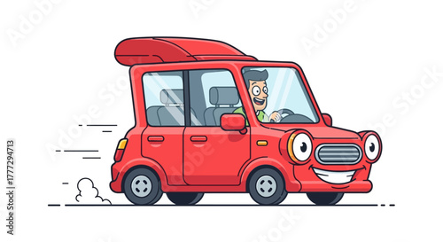 A whimsical illustration of a happy man driving a cartoonish red car with luggage on top